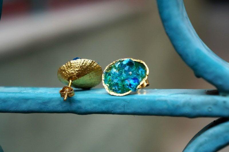 Turquoise Murano Glass Earrings, Silver Shell Studs (Handmade)