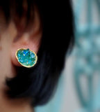 Turquoise Murano Glass Earrings, Silver Shell Studs (Handmade)
