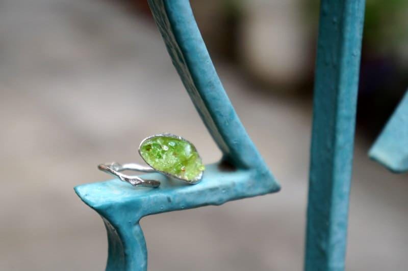 Big Nature Ring for Women - Recycled Silver, Green Murano Glass
