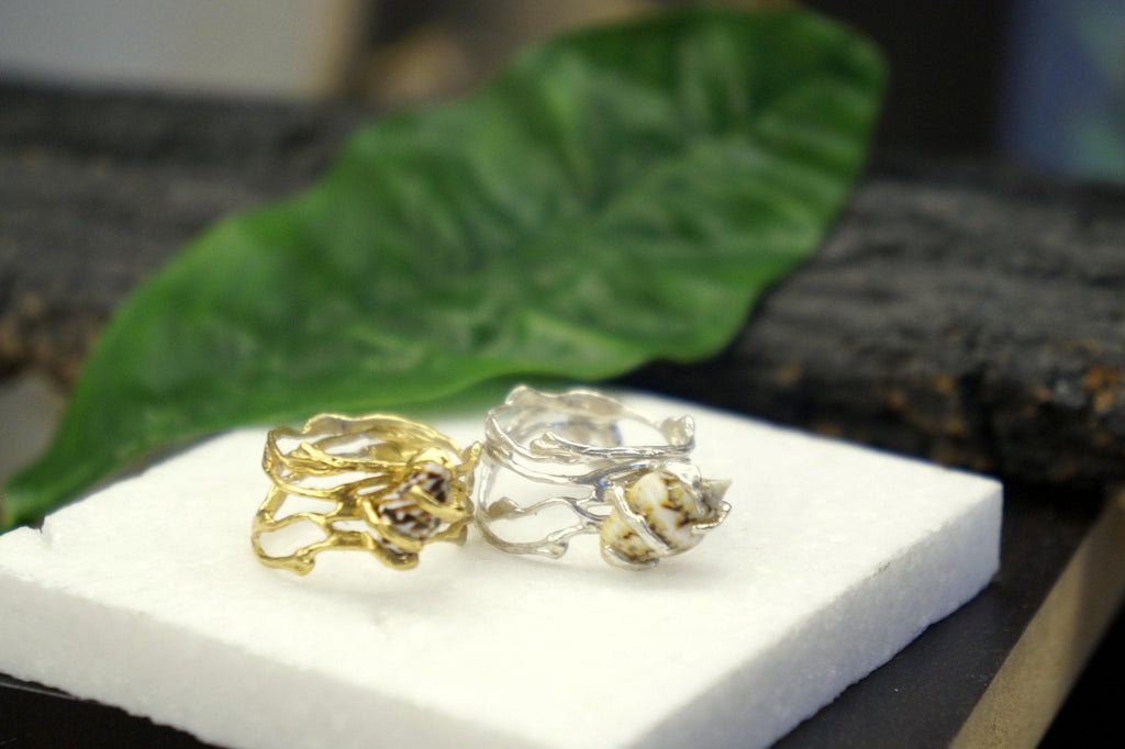 Jasmine Twig Ring: Real Sea Shell Accent (Sterling Silver, Gold Plated)