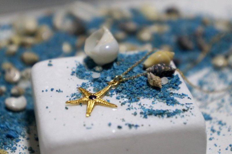Gold Starfish Pendant - 14K Gold Plated Silver With Sparkling Zircon Necklace