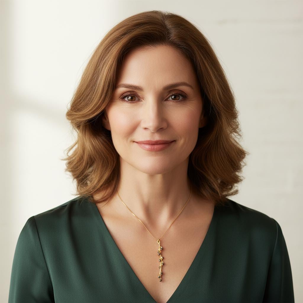 A portrait of a woman with long brown hair wearing a green blouse and a necklace with a pendant.