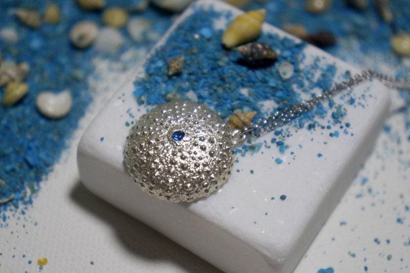 Sea Urchin Necklace - Sterling Silver Recycled Jewelry With Blue Zircon Pendant