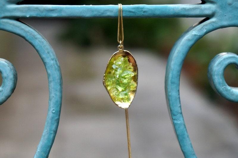 Murano Glass Necklace - Sterling Silver Seashell Jewelry With Green Stone Pendant