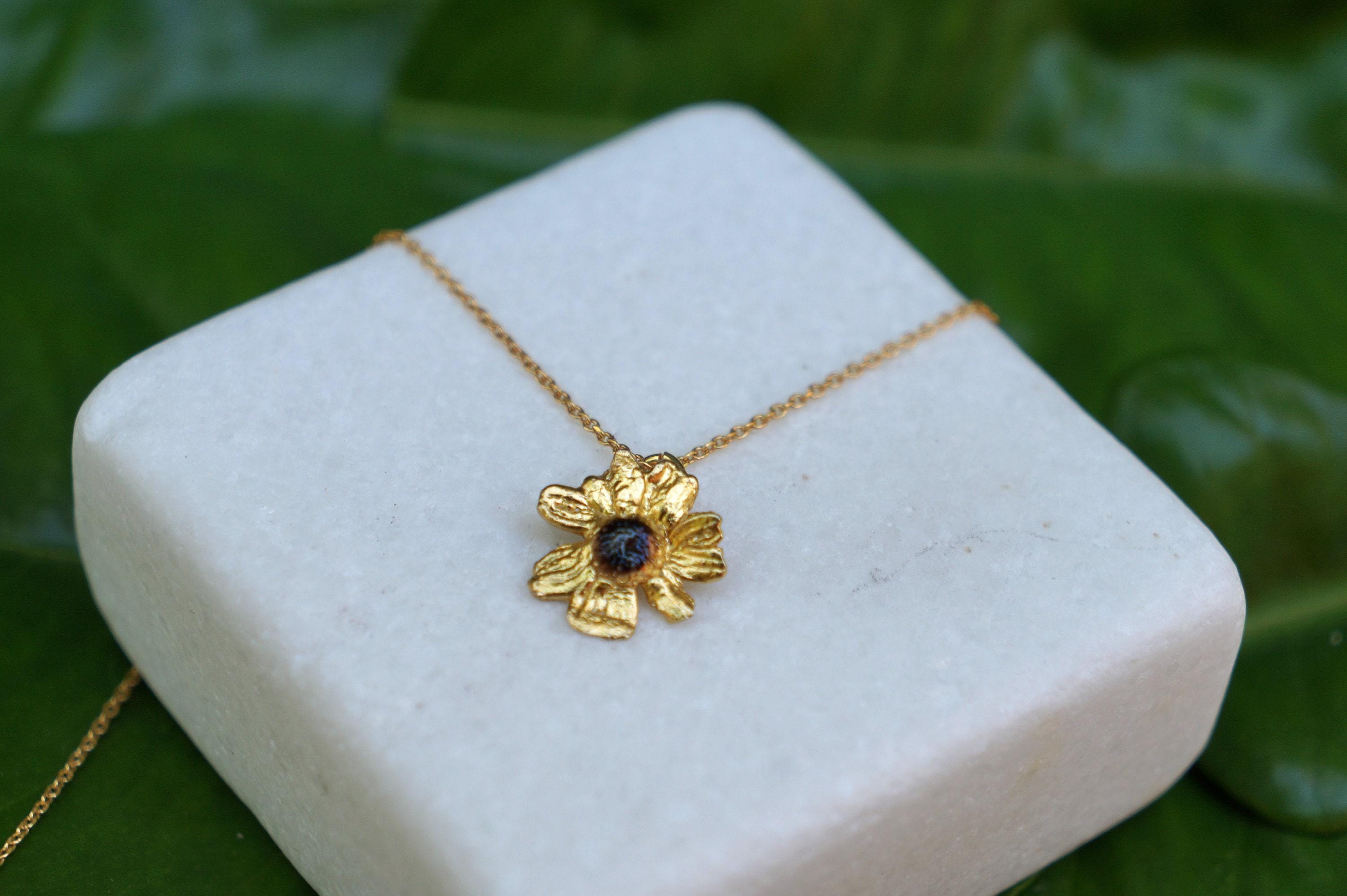 Chamomile Flower Necklace – Real Chamomile Pendant | Dainty Gold Necklace, Sterling Silver Chain