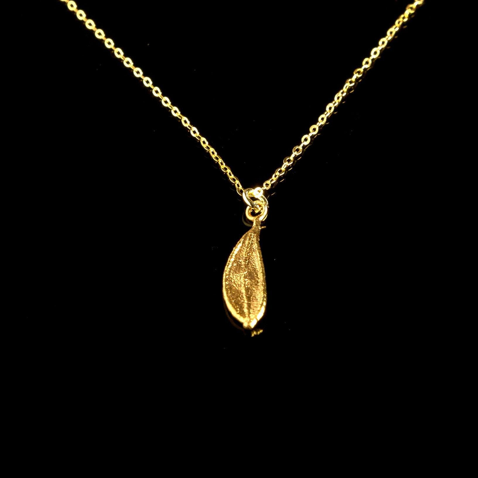Gold Olive Leaf Necklace – Minimalist Tiny Pendant with Black Rhodium Chain