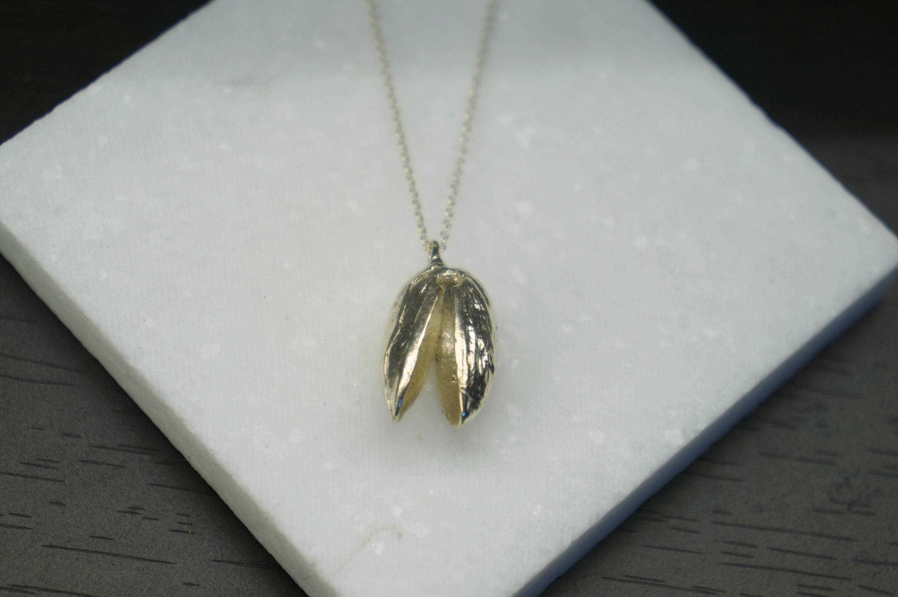 Sterling Silver Pendant - Handcrafted Pistachio Nut Pendant | Nature Jewelry Eco Friendly Necklace