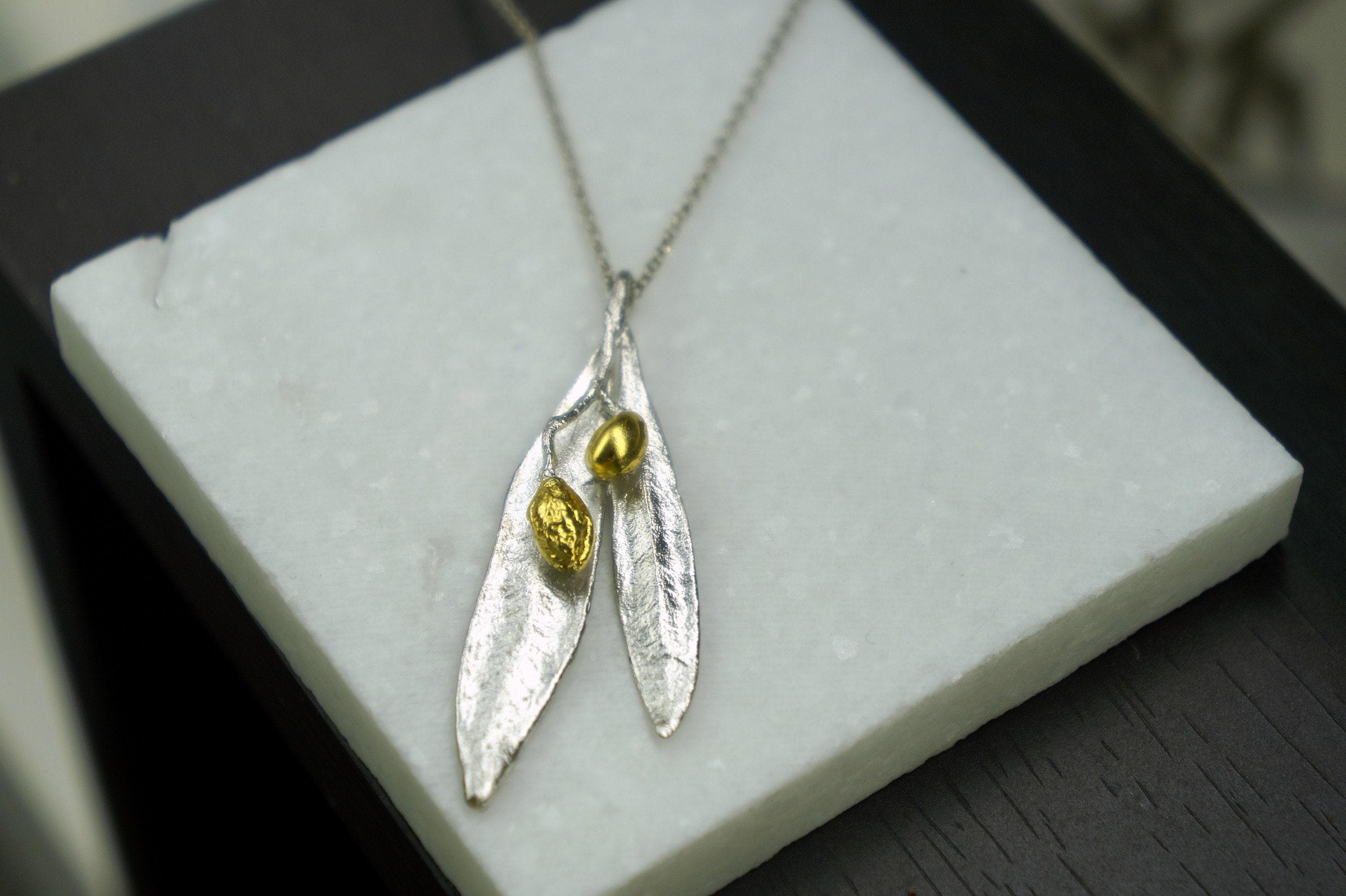 Olive Leaf Necklace – Sterling Silver Necklace with Gold Olive Pendant, Adjustable Chain