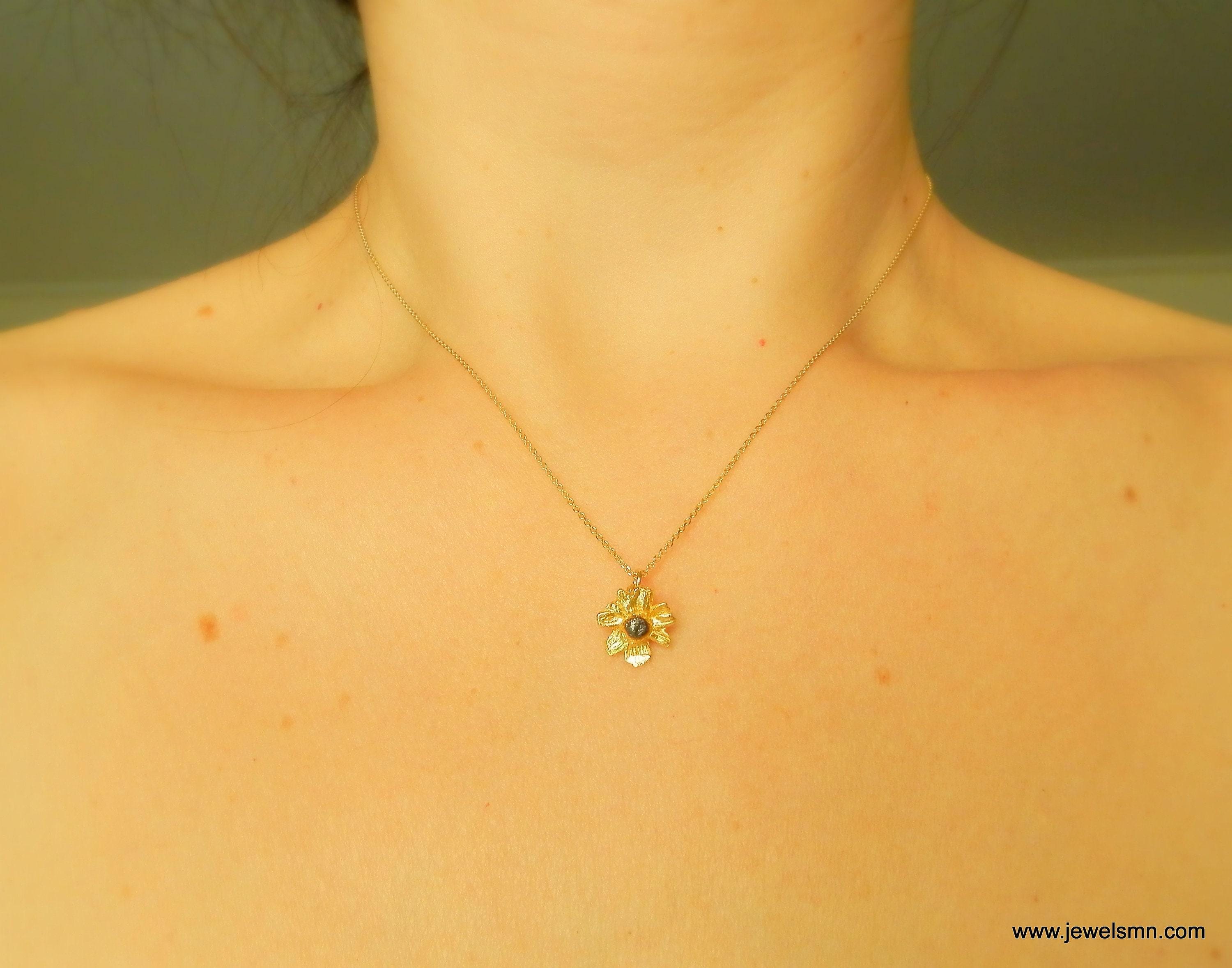 Nature-Inspired Chamomile Necklace, Sterling Silver & 14k Gold (Delicate Size)