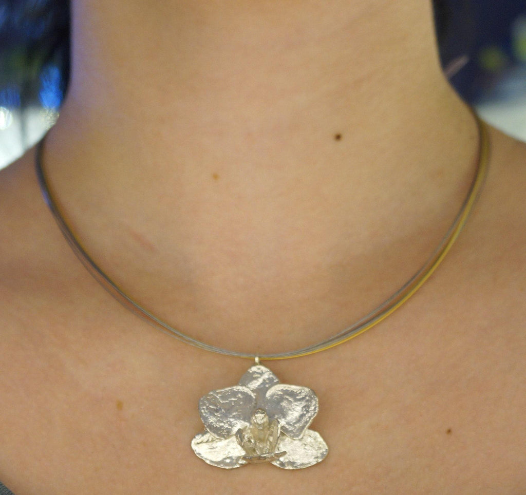 Silver Orchid Necklace – Multi Strand Sterling Silver Jewelry with Real Flower Pendant