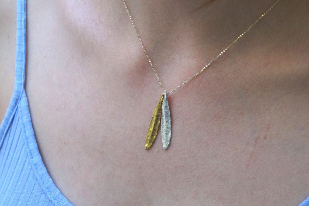 Olive Leaf Pendant – Sterling Silver Necklace With 14K Gold Plated Chain