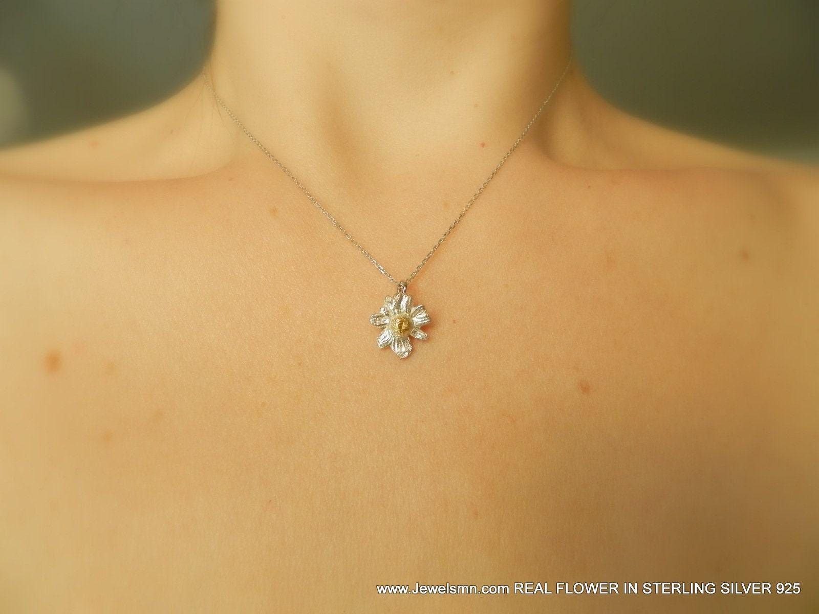 Dainty Chamomile Necklace: Sterling Silver with Real Flower (Minimalist Pendant)