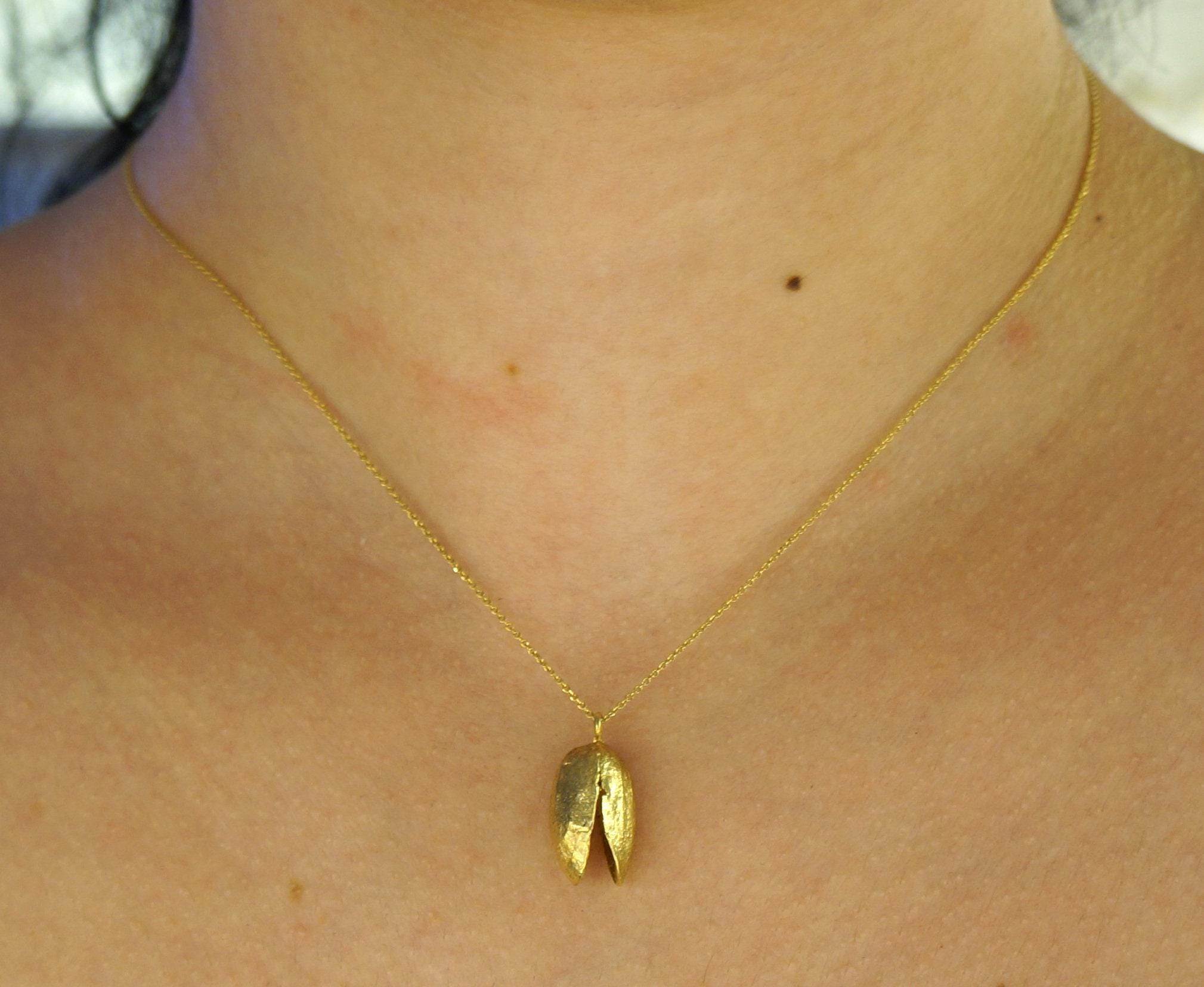 Nature-Inspired Pistachio Necklace, Sterling Silver Gold Plated (Handmade)