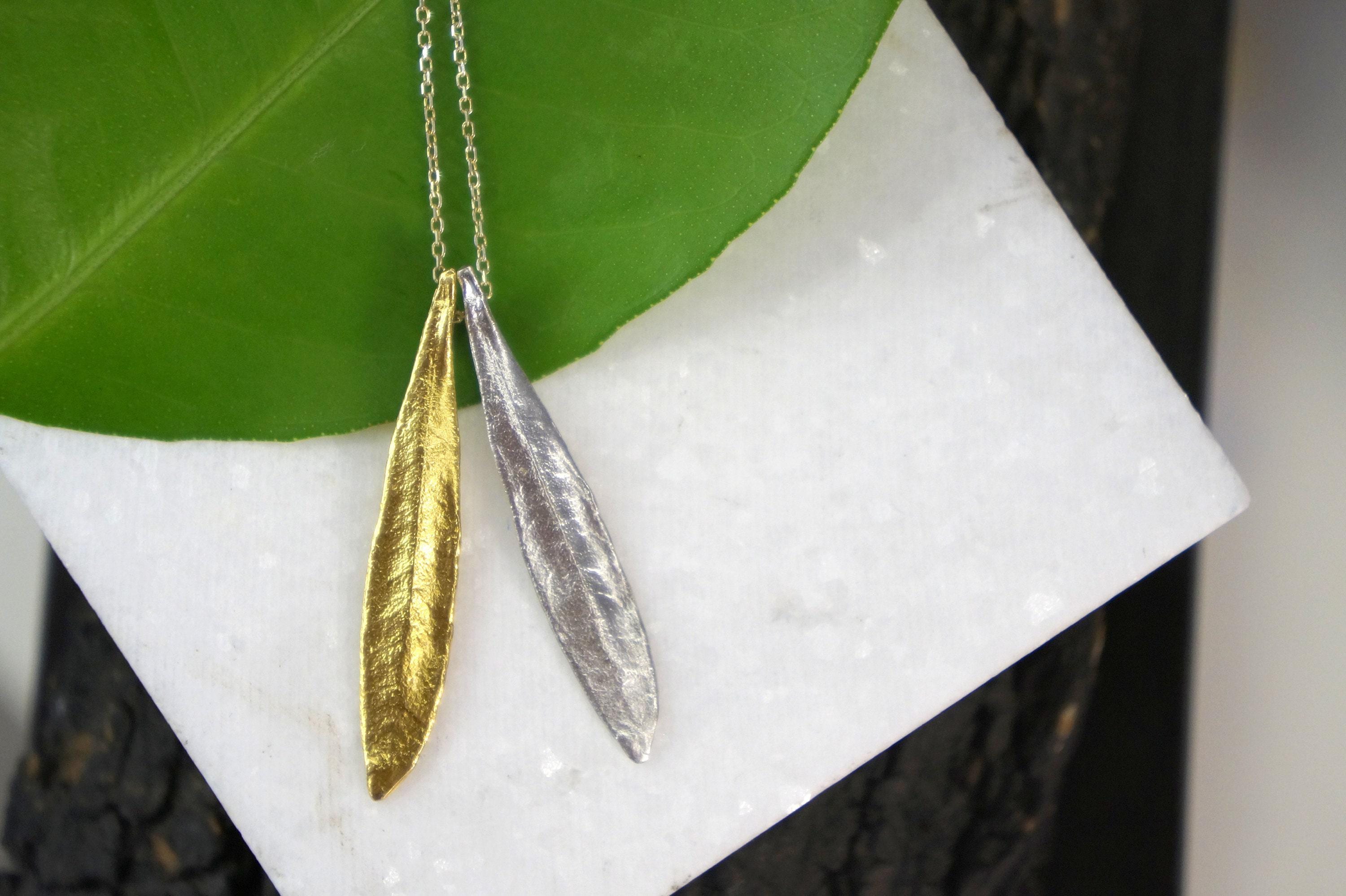 Olive Leaf Pendant – Sterling Silver Necklace With 14K Gold Plated Chain
