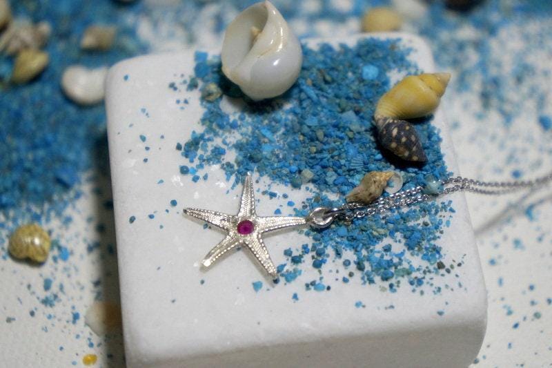 Silver Starfish Pendant - Recycled Sterling Silver 925 Beach Necklace With Zircon Stone