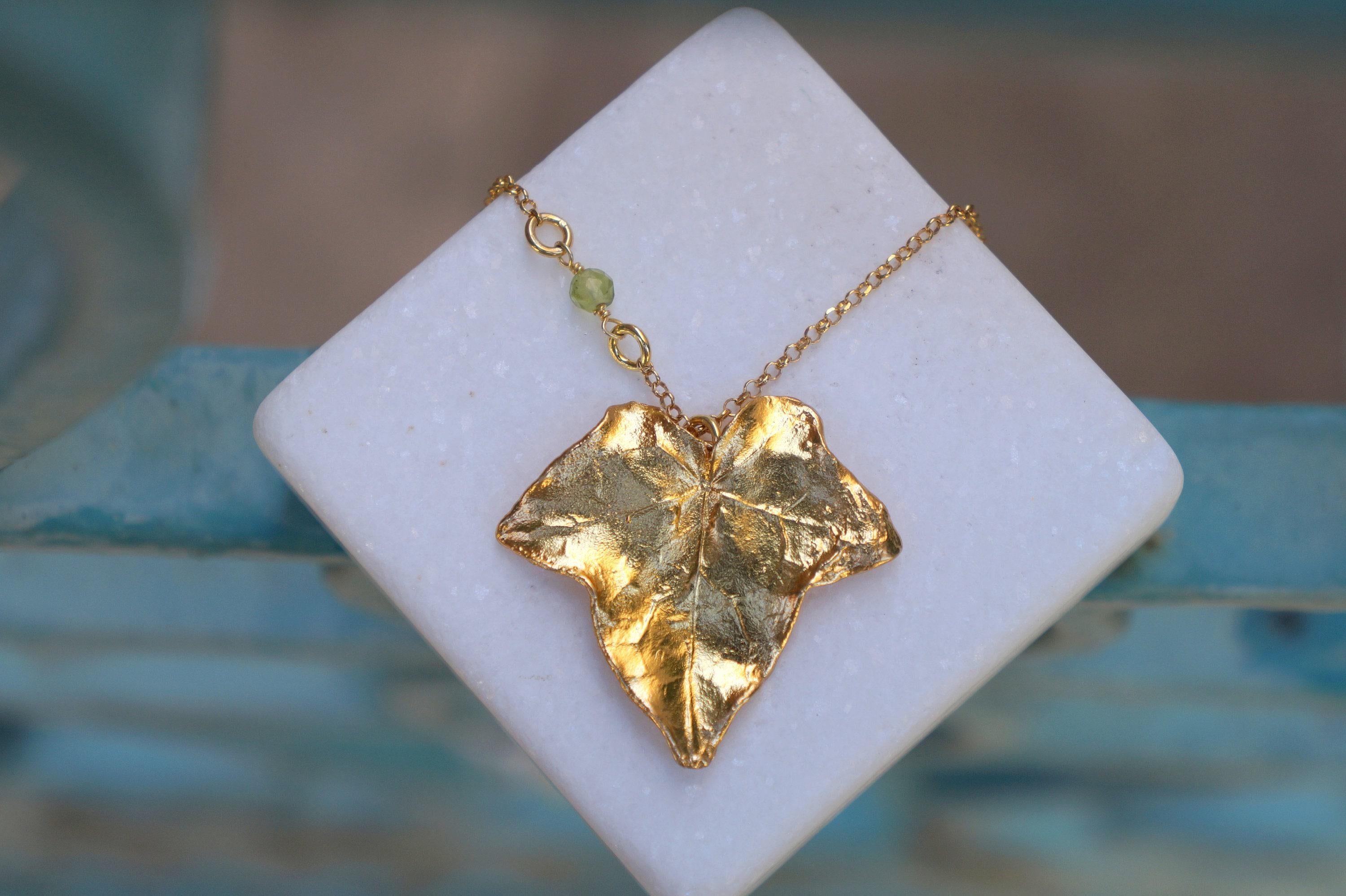 14k Gold Ivy Necklace – Handmade Botanical Jewelry With Peridot Stone Pendant