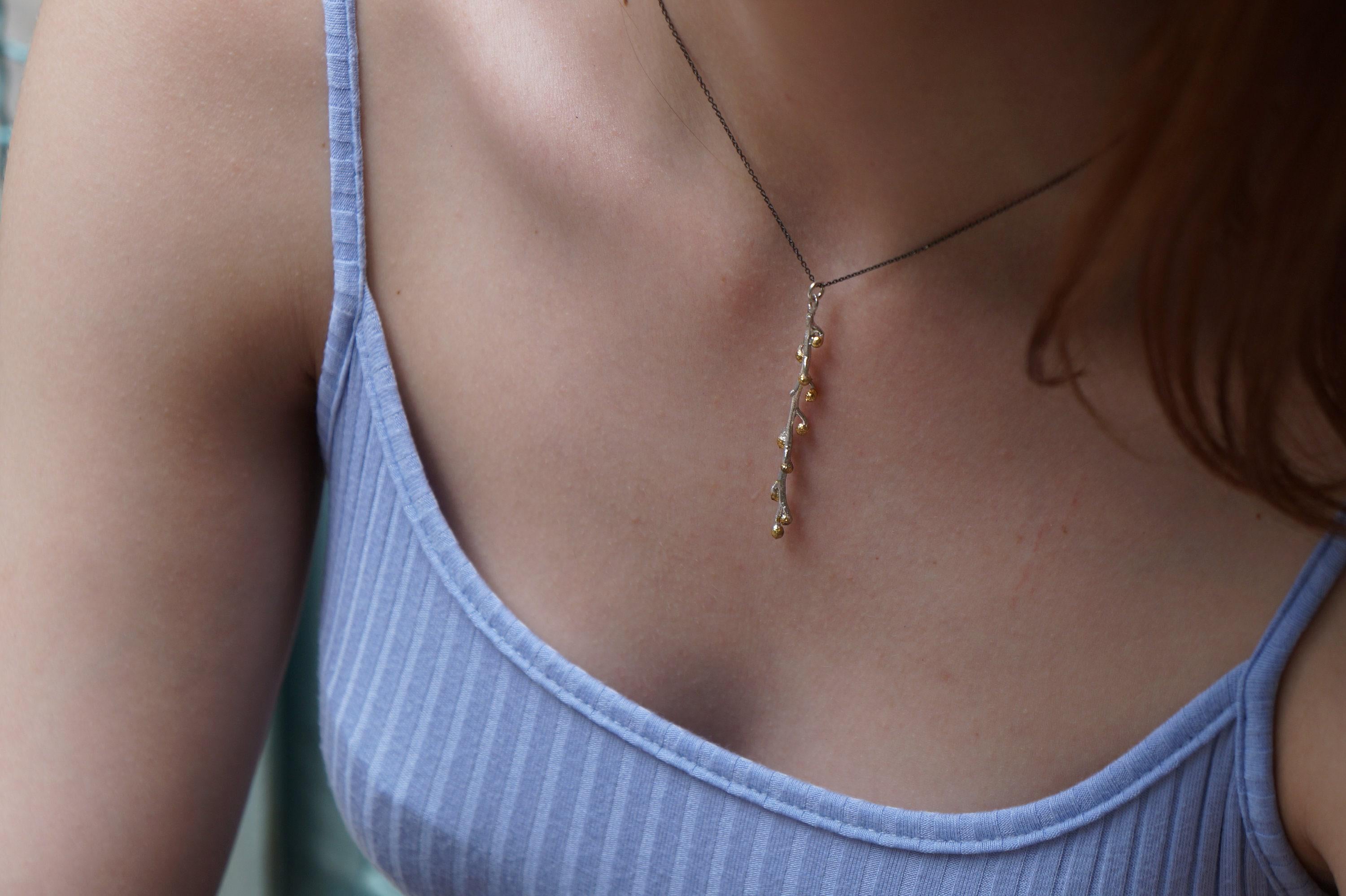 Nature-Inspired Gold Necklace, Mimosa Branch Pendant (Dainty, Sustainable)