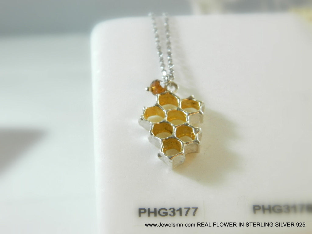 Honeycomb Bee Necklace - Sterling Silver with Gold Plated Option