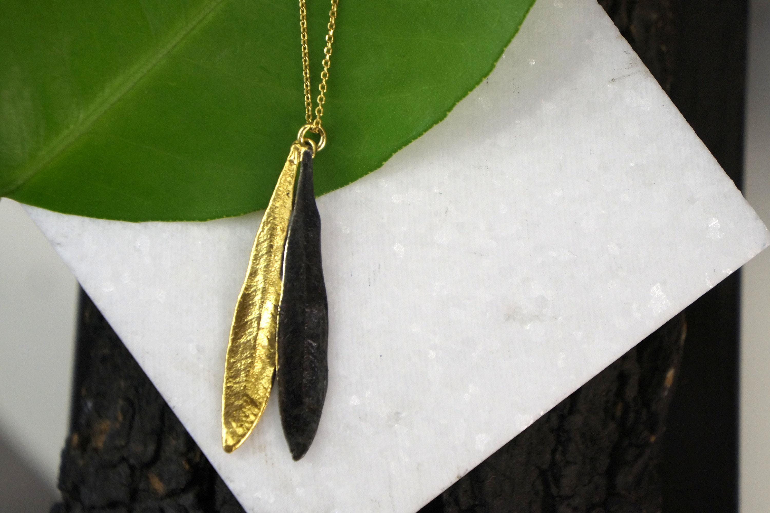 Olive Leaf Necklace - Handmade Botanical Pendant | Two Tone Sterling Silver Jewelry
