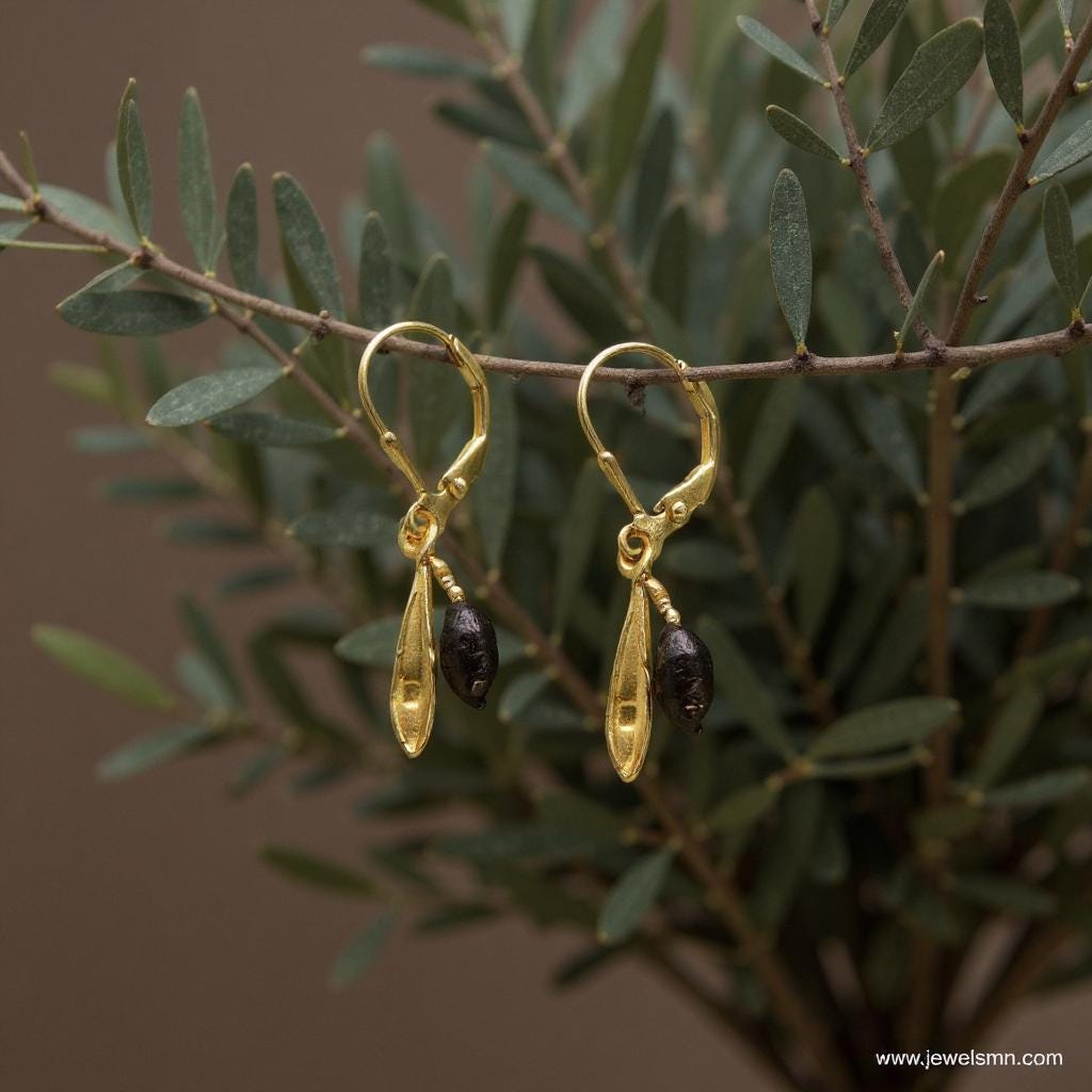Olive Leaf Earrings: Gold-Plated Brass Dangle with Two-Tone Detail
