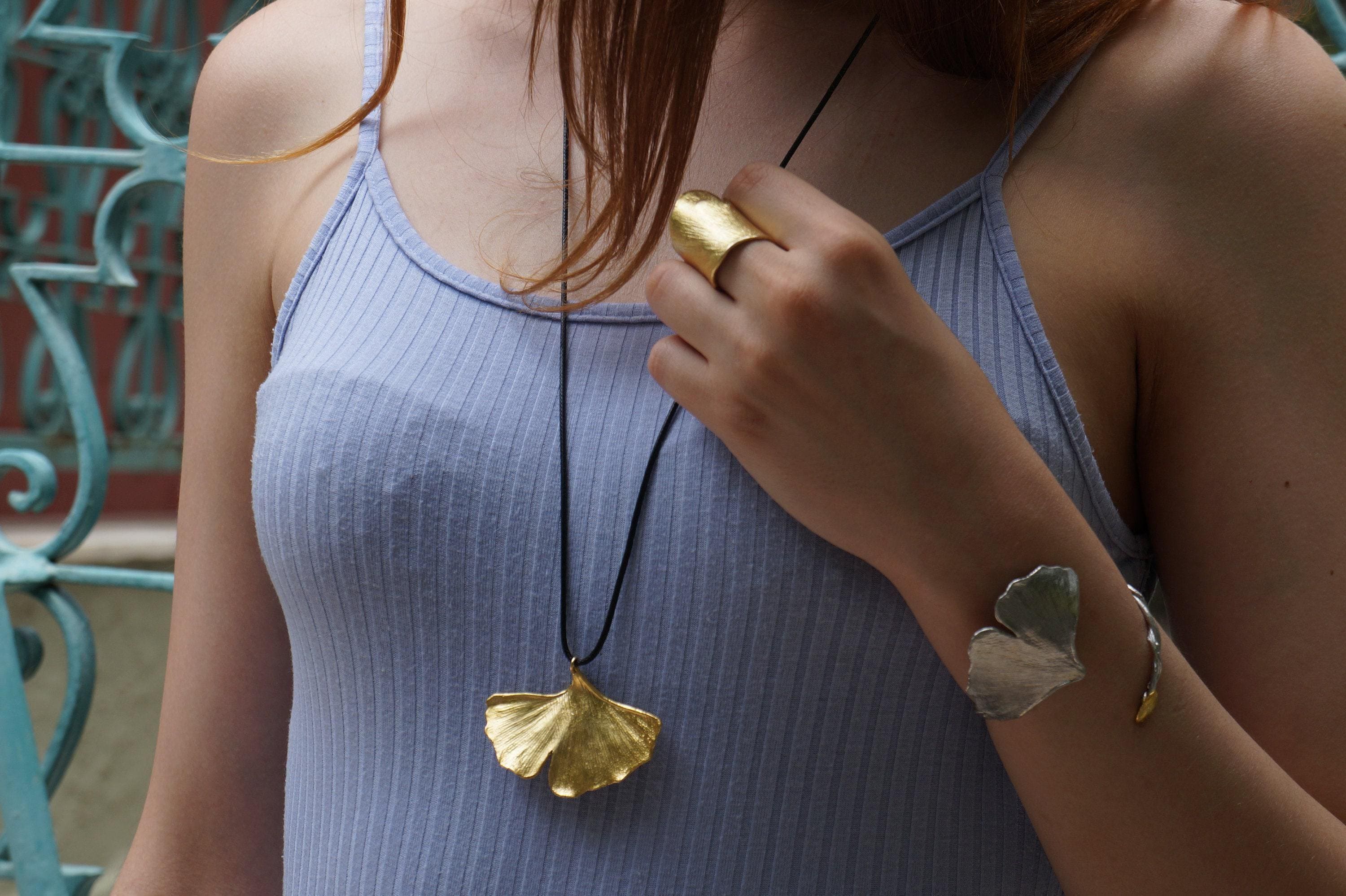 Gold Ginkgo Leaf Necklace, Gold-Plated Sterling Silver Jewelry, Gold Pendant, Gift for Her, Birthday Gift for Women, Handmade Jewelry