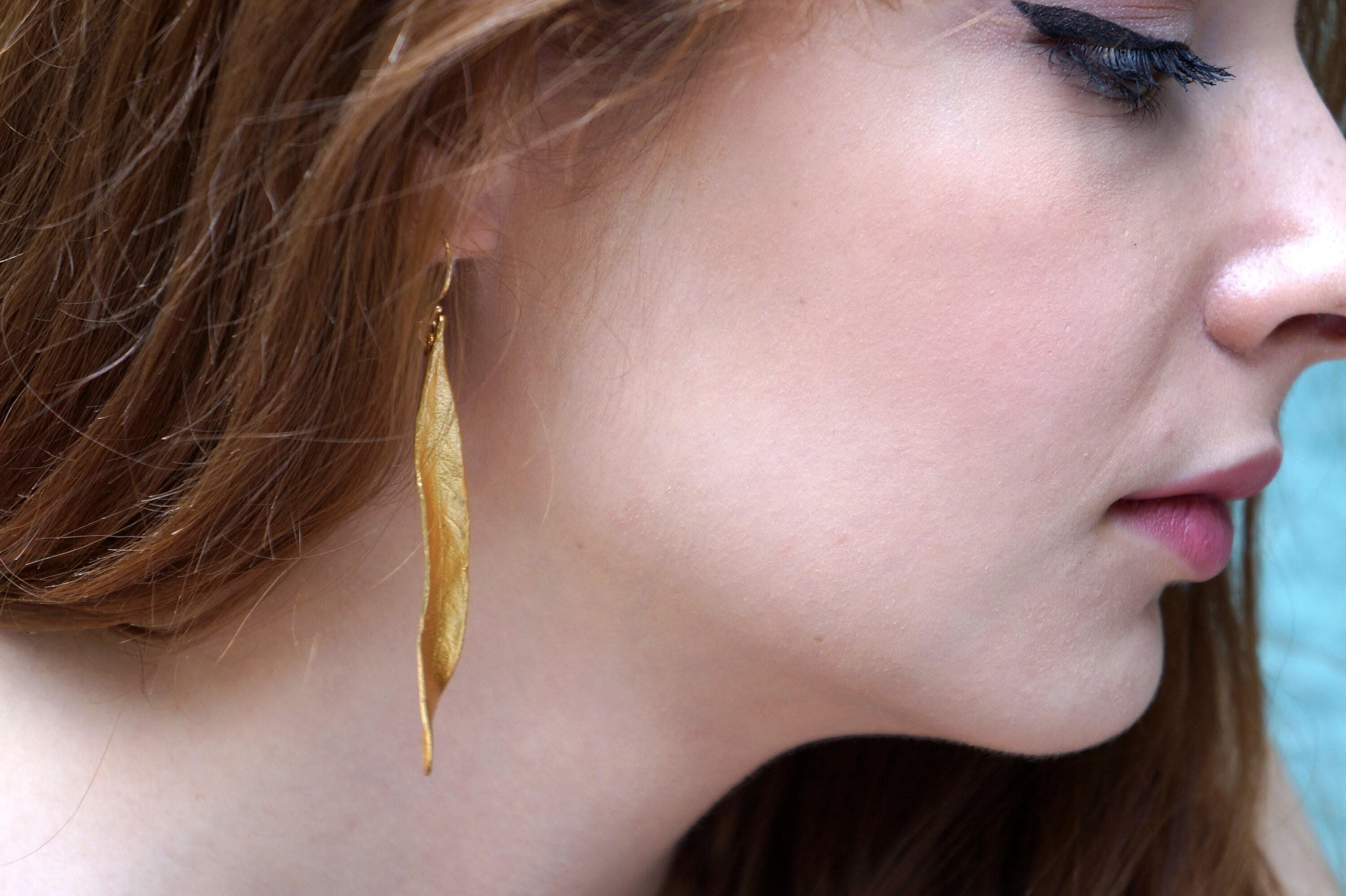 Gold Olive Leaf Earrings, Gold-Plated Earrings, Dangle Earring, Brass Jewelry, Gift for Her, Birthday Gift for Women, Handmade Jewelry