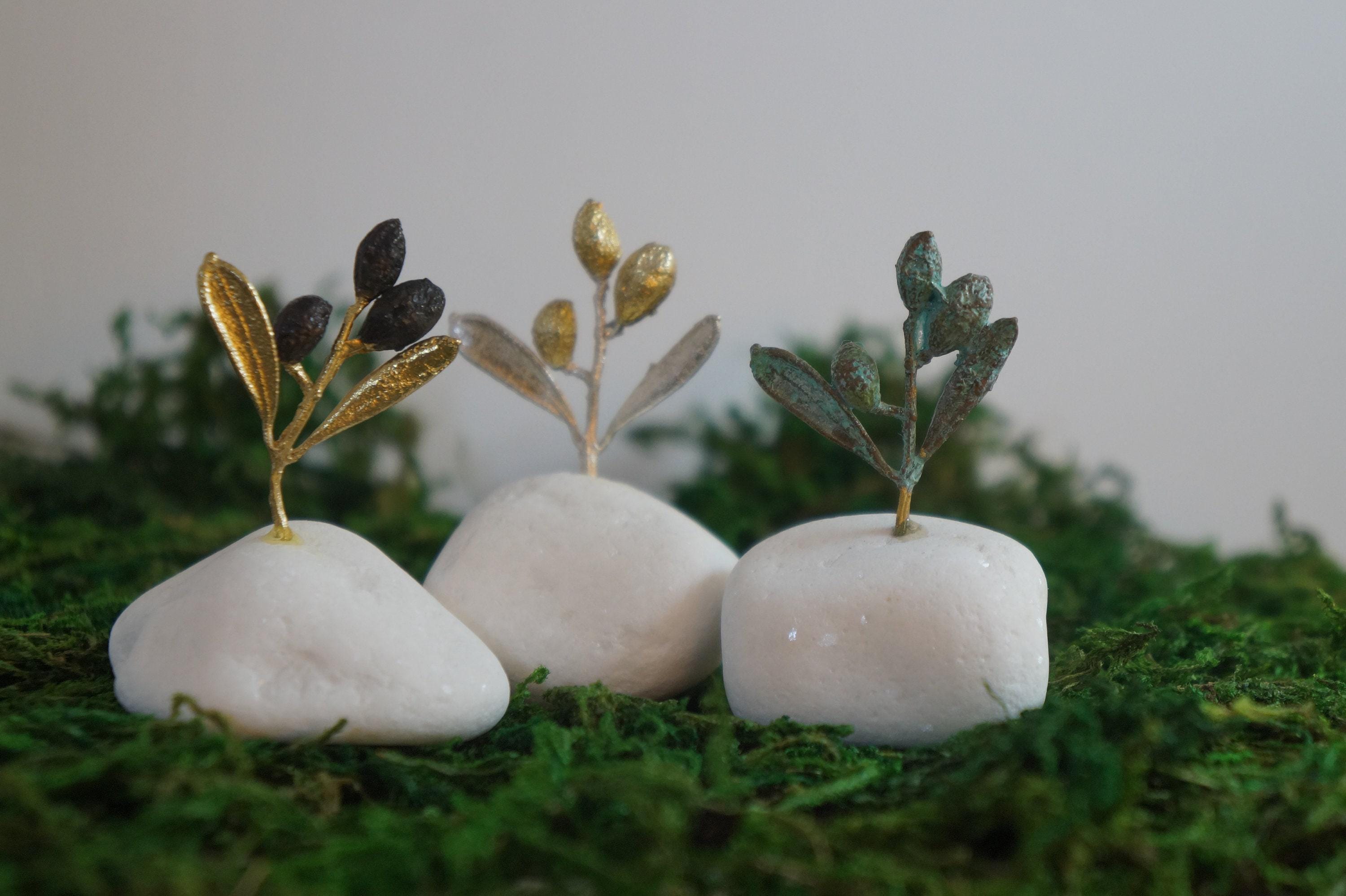 Decorative Olive Branch Sculpture, Small Decorative Tree Statue for Home Decor, Unique Handmade Gift, Gold-Plated Brass, Minimalist Design