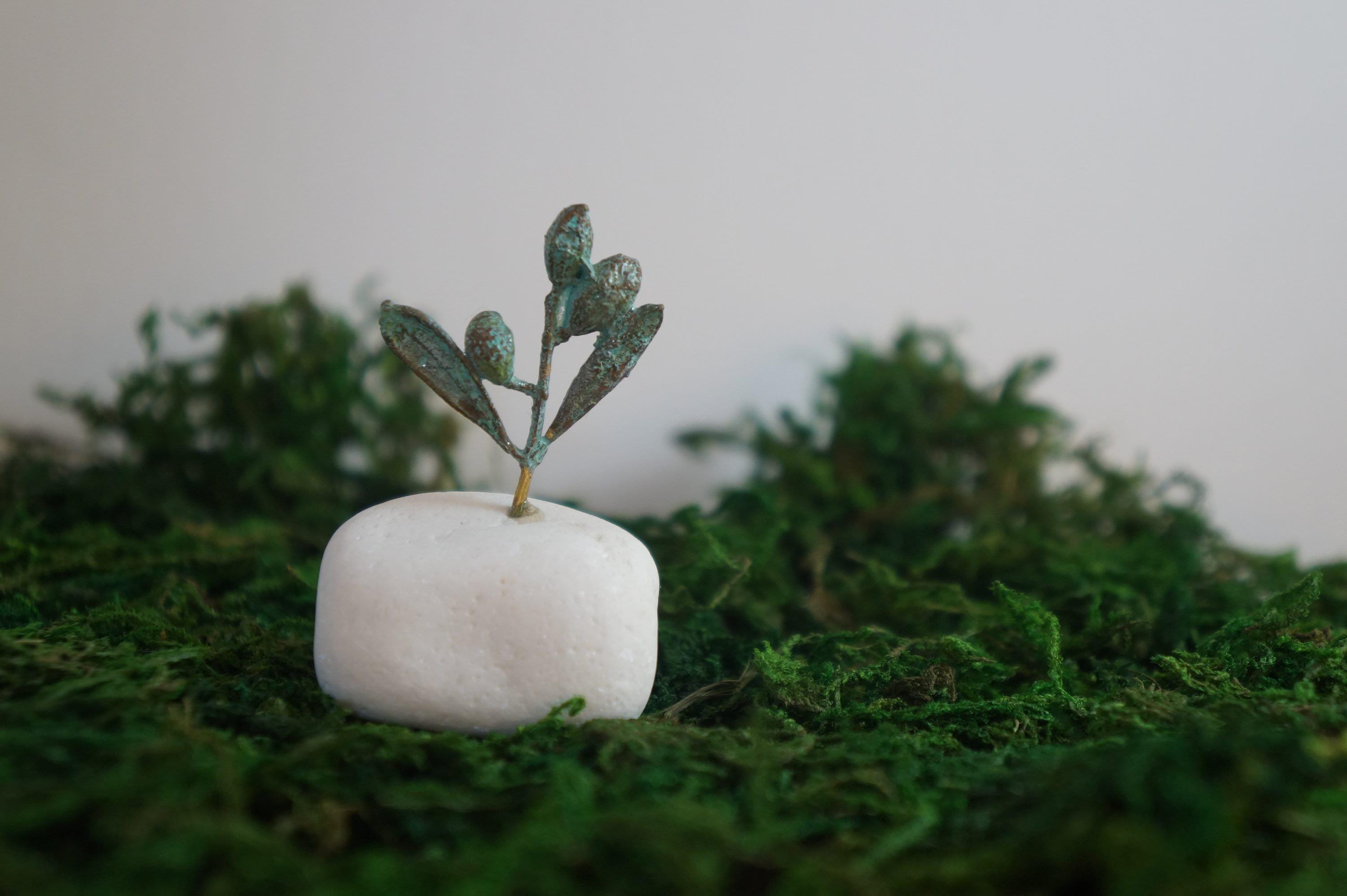 Decorative Olive Branch Sculpture, Small Decorative Tree Statue for Home Decor, Unique Handmade Gift, Gold-Plated Brass, Minimalist Design