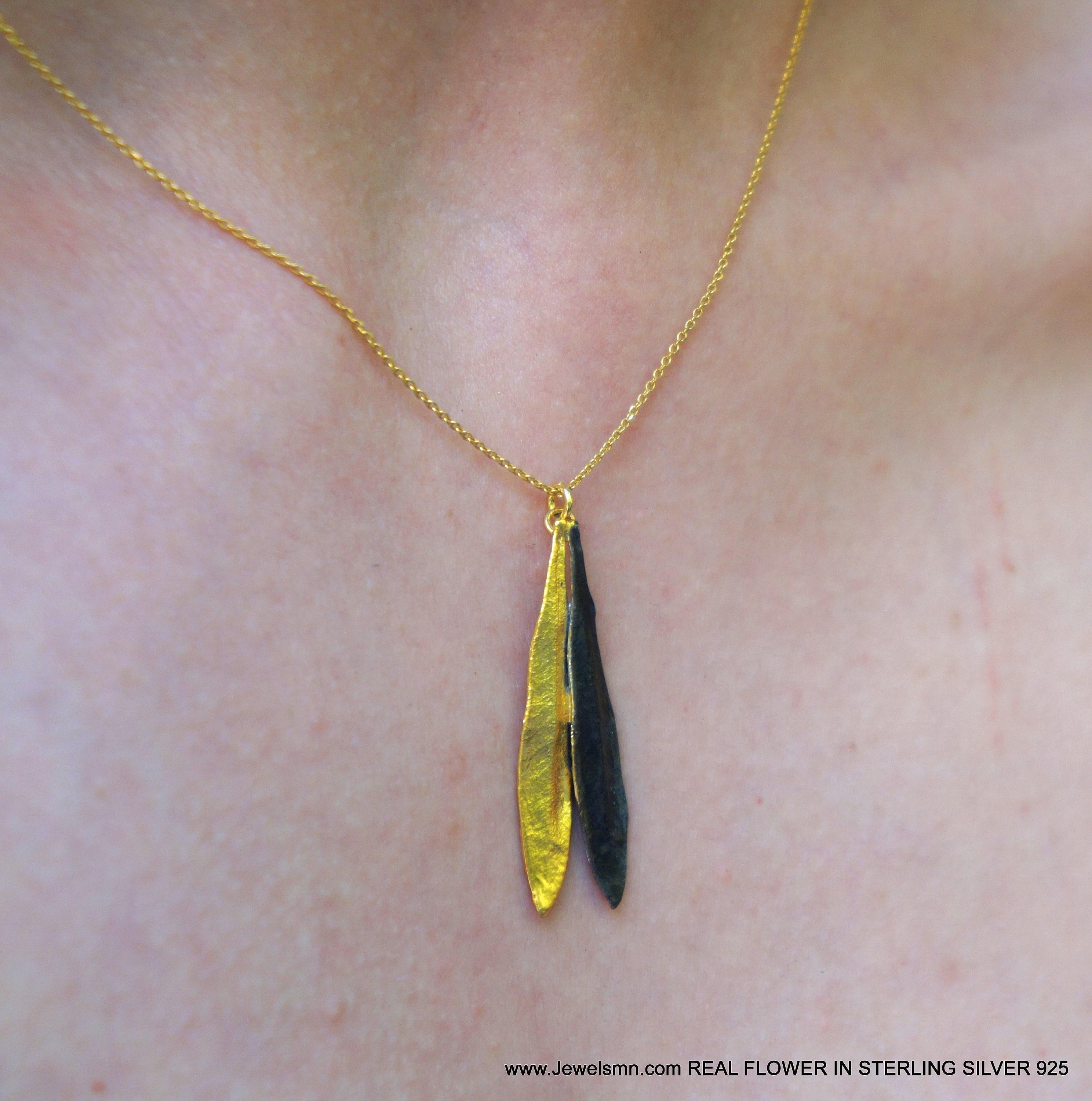 Olive Leaves Necklace: Nature Inspired Jewelry (Gold-Plated Brass & Black Rhodium)