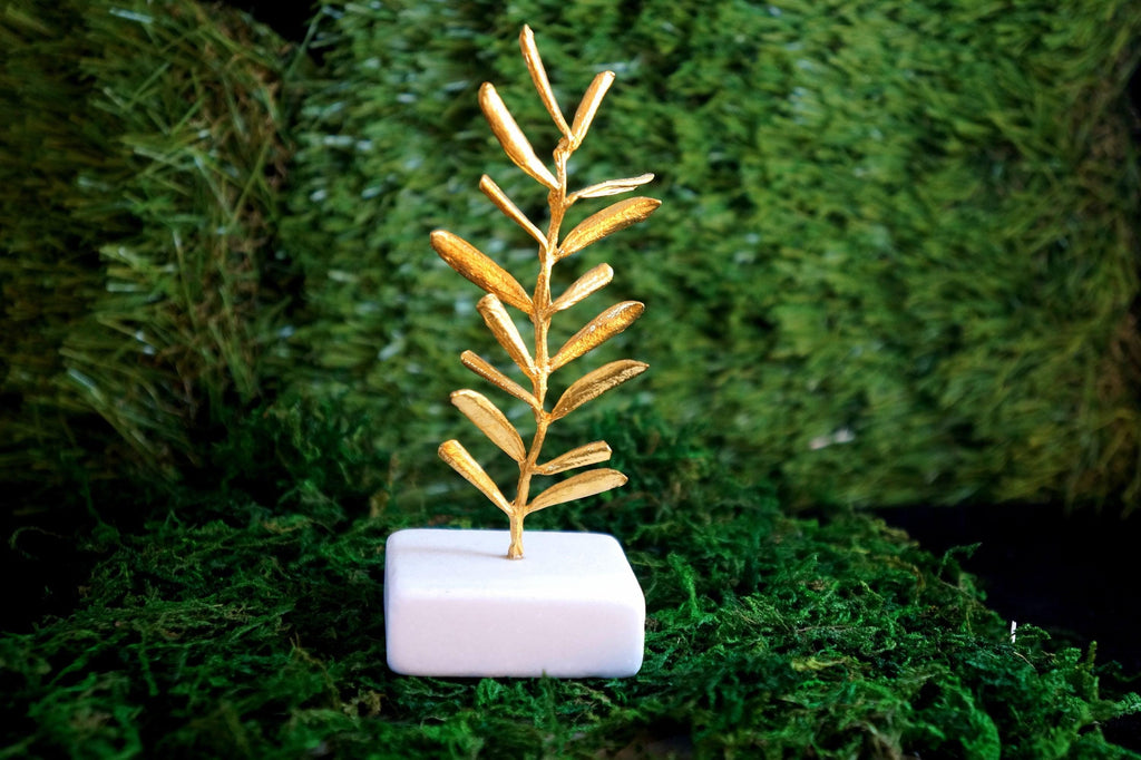 Real Olive Branch Sculpture, Handmade Minimalist Home Decor, Statue for House Decoration, Gift for Health & Luck, Sustainable Recycled Brass