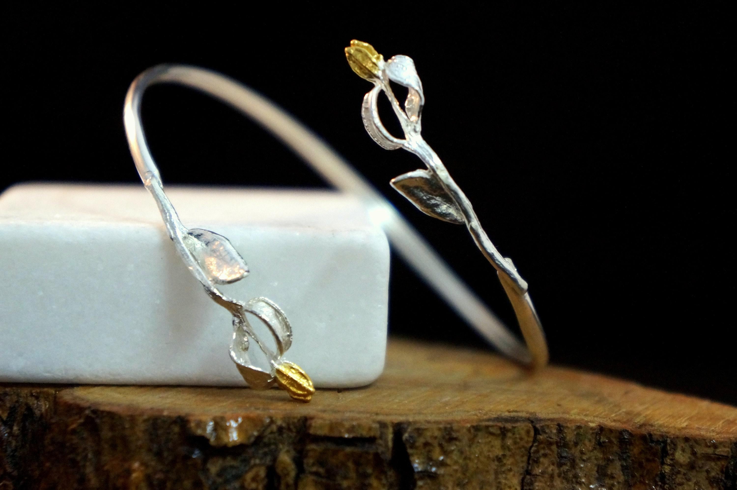 Sterling Silver Olive Leaf Bracelet - Handmade, Adjustable Cuff