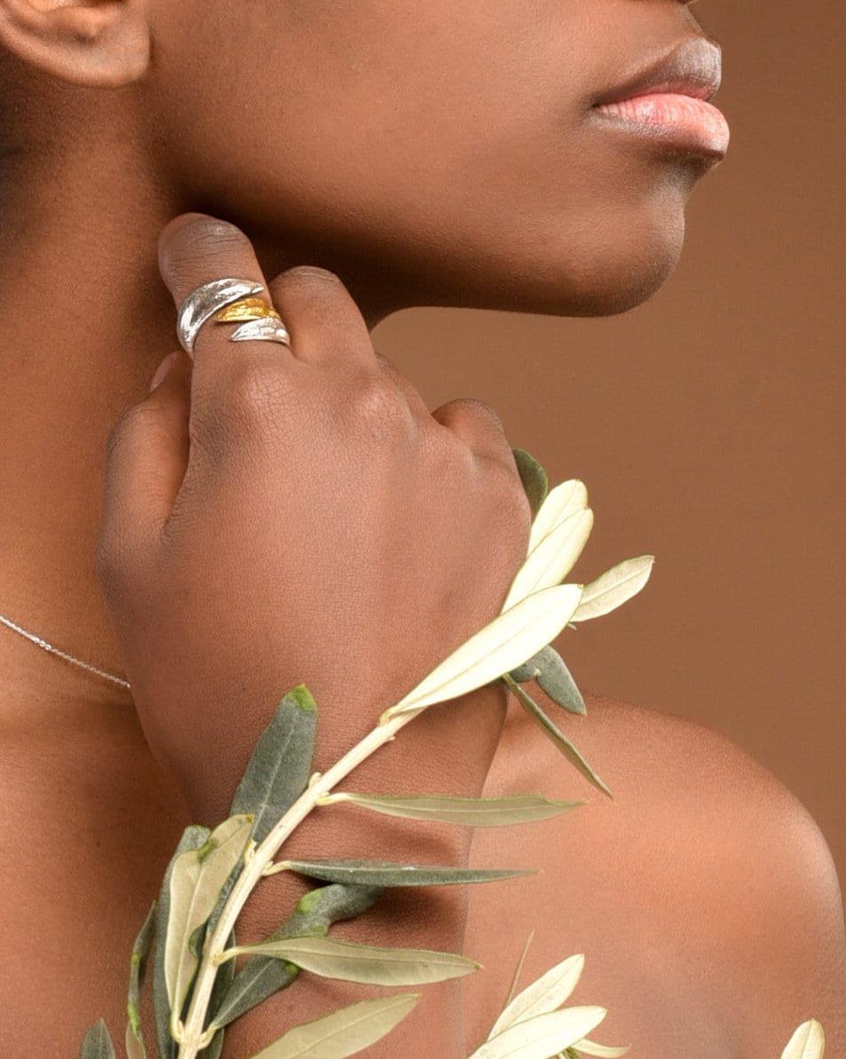 Olive Leaf Ring, Two-Tone Sterling Silver (Handmade, Eco-Friendly)