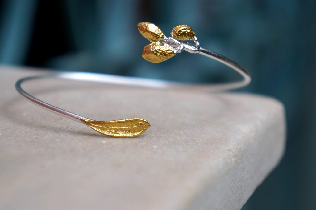 Eco-Friendly Olive Leaf Bracelet - Recycled Silver with Gold Accent
