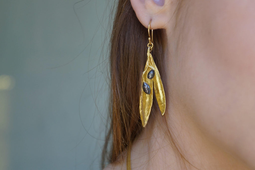 Sterling Silver Olive Leaf Earrings - Gold Black Dangle Style