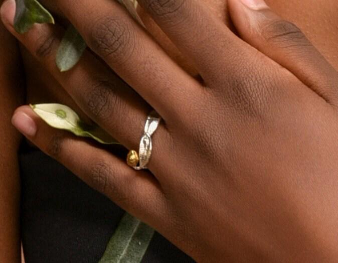Olive Leaf Ring: Sterling Silver with Gold Fruit - Nature Inspired