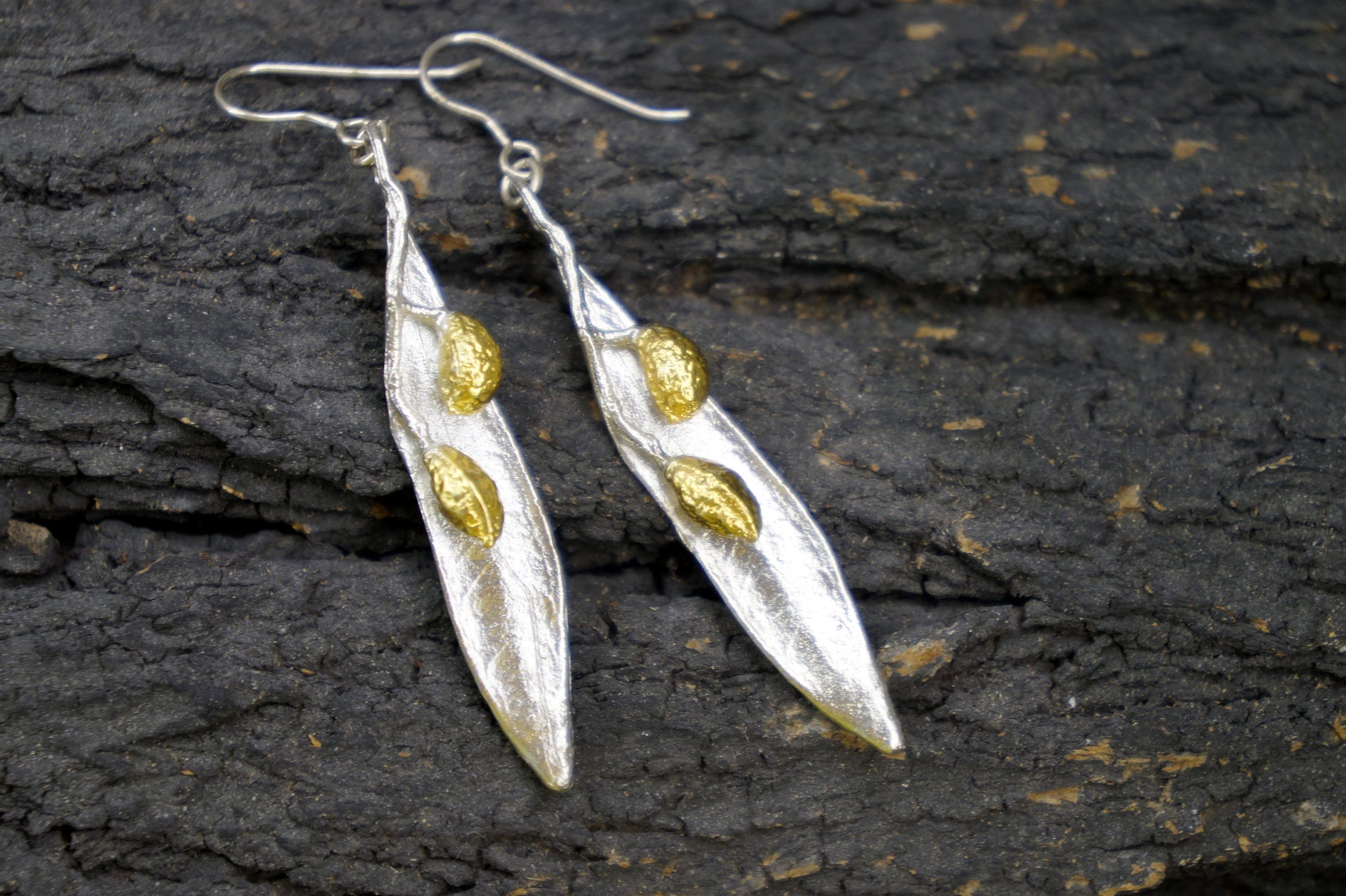 Silver Olive Leaf Earrings, Sterling Silver Jewelry with Gold Detail, Dangle Earrings, Handmade Jewelry, Gift for Her, Boho Fashion