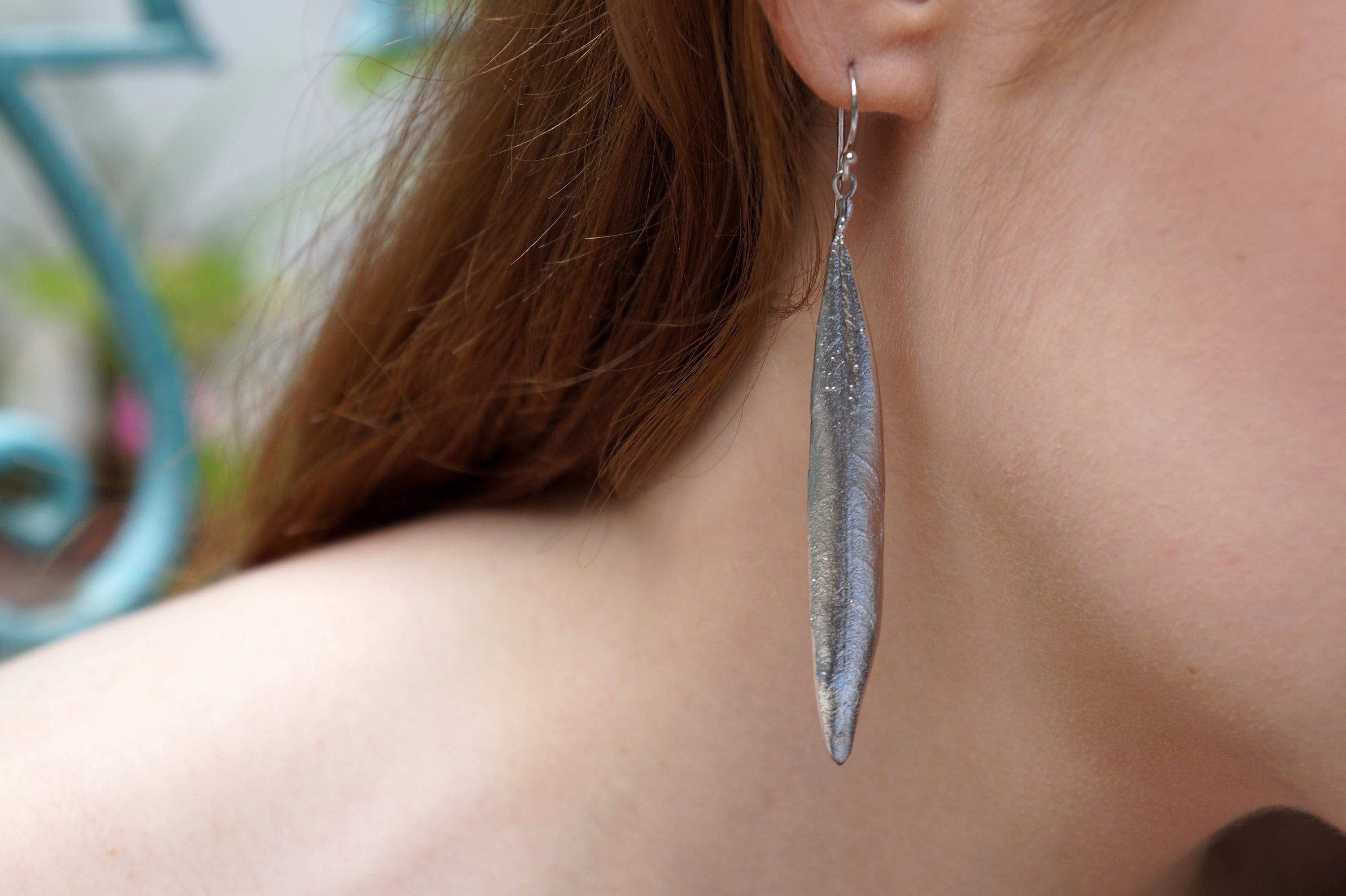 Nature-Inspired Olive Leaf Earrings, Sterling Silver (Long Dangle)