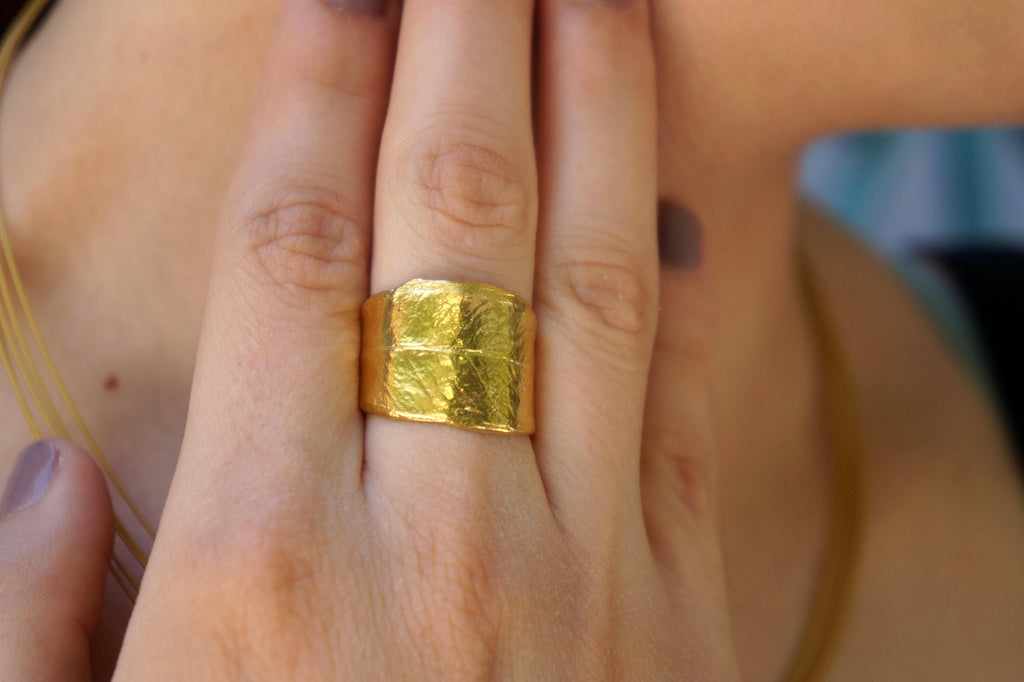 Olive Leaf Ring: Adjustable Wide Band, Gold-Plated Brass Nature Jewelry