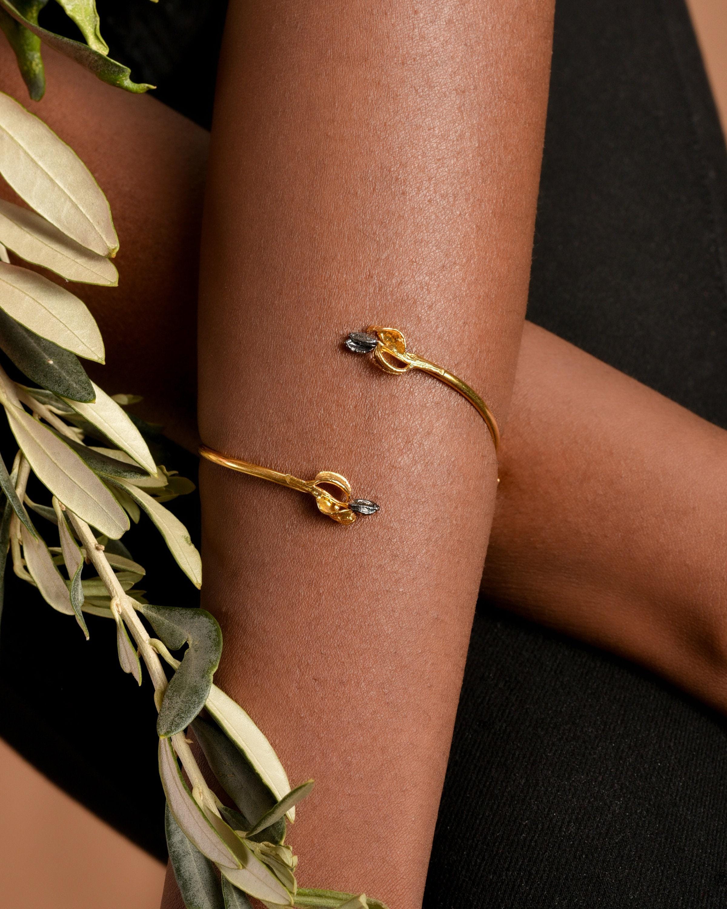 Nature-Inspired Olive Branch Cuff Bracelet, Two-Tone Silver (Adjustable)