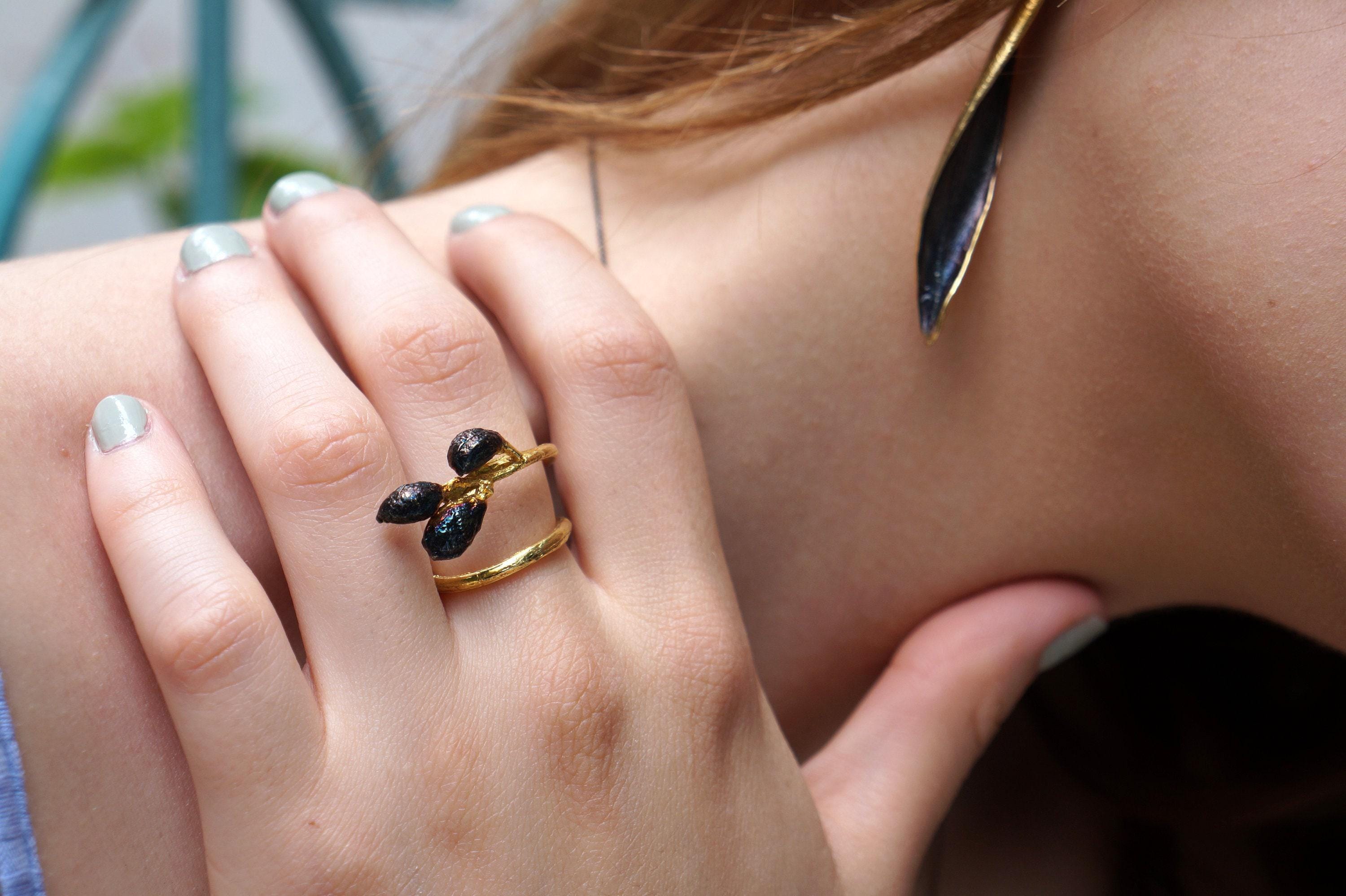 Nature Inspired Olive Branch Ring, Brass Gold or Black Rhodium (Adjustable)