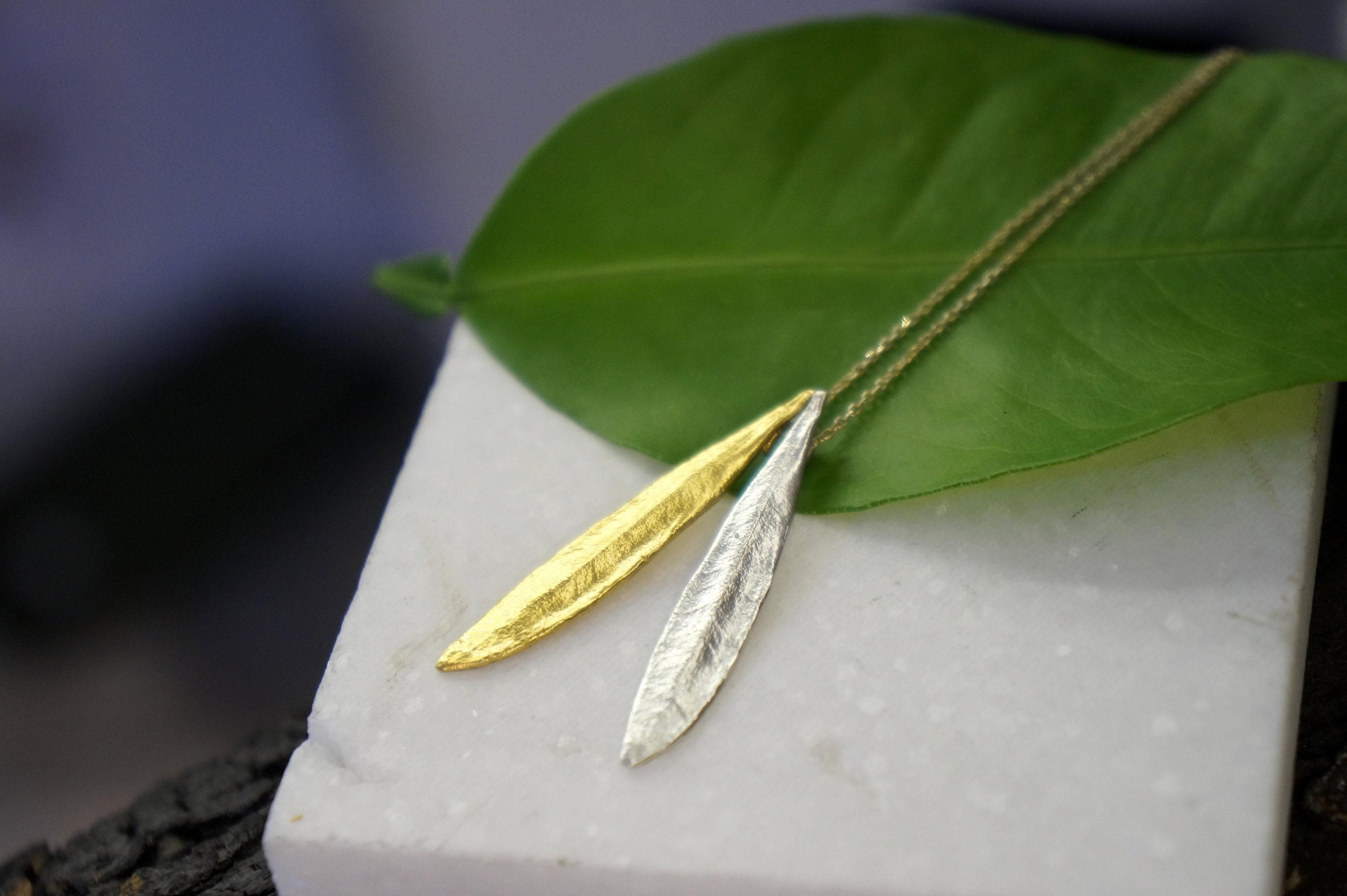 Olive Leaf Pendant Necklace - Sterling Silver with 14K Gold Accent