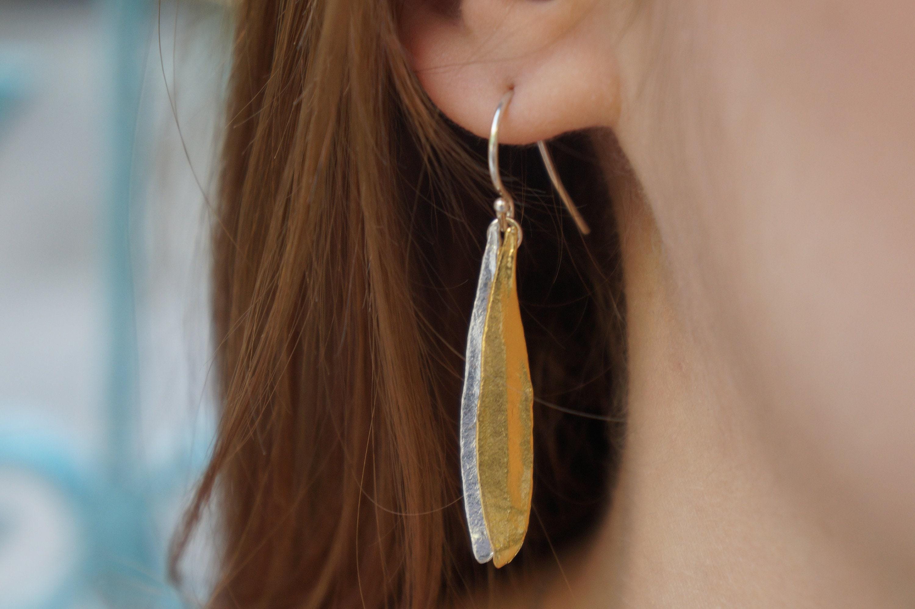 Olive Leaf Dangle Earrings: Sterling Silver and 14k Gold