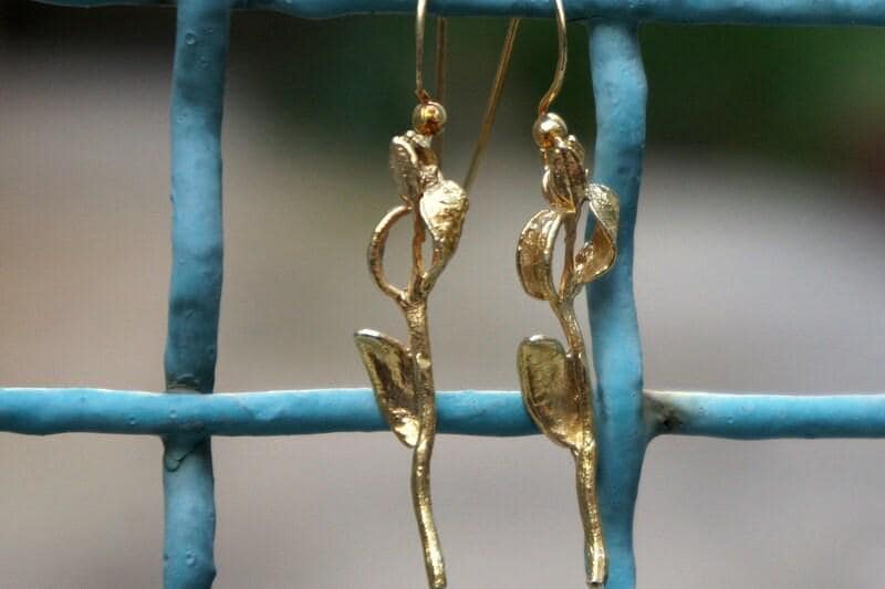 Olive Branch Earrings: Gold-Plated Brass, Real Plant Detail