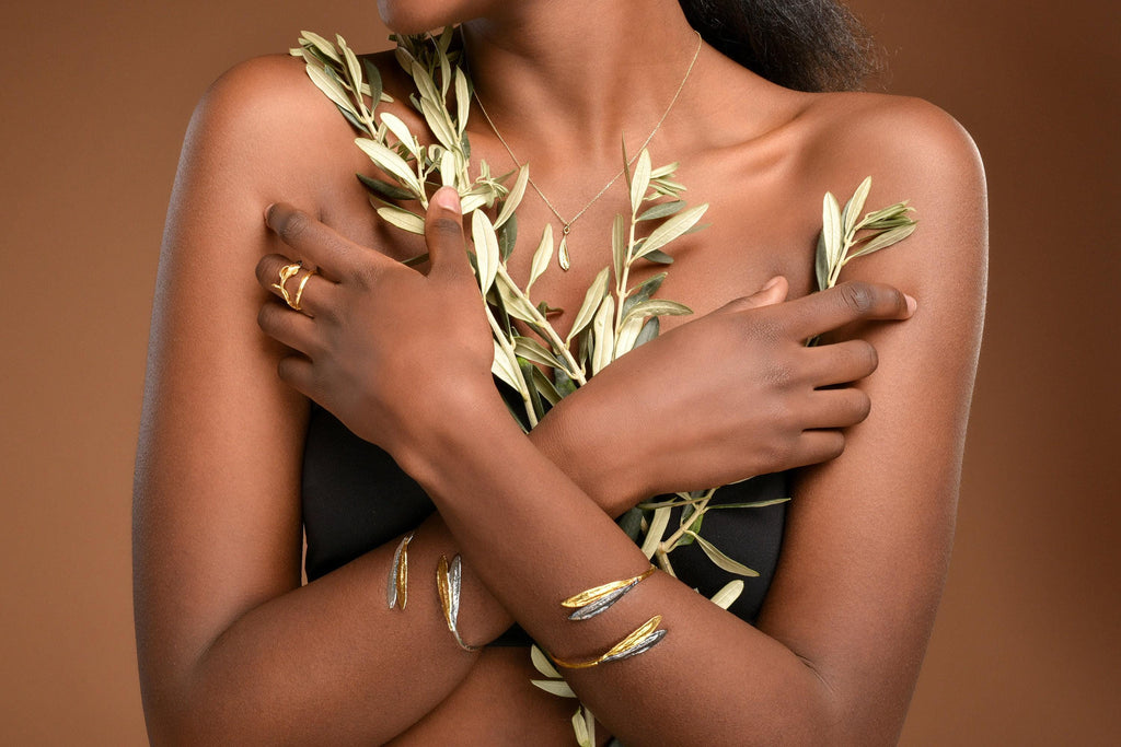 Open Cuff Bracelet: Real Olive Leaf Design - Sterling Silver & Gold