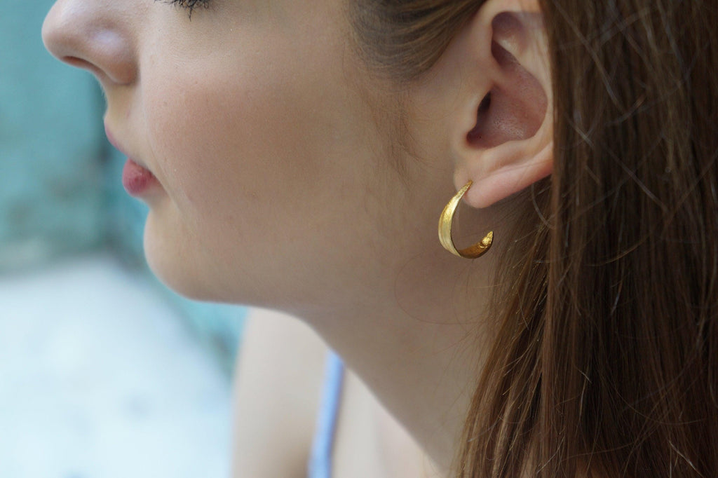 Olive Leaf Earrings: Mini Hoops in Silver or Gold (Unisex)