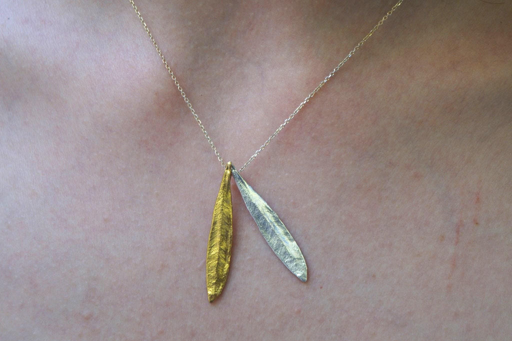 Olive Leaf Pendant Necklace - Sterling Silver with 14K Gold Accent