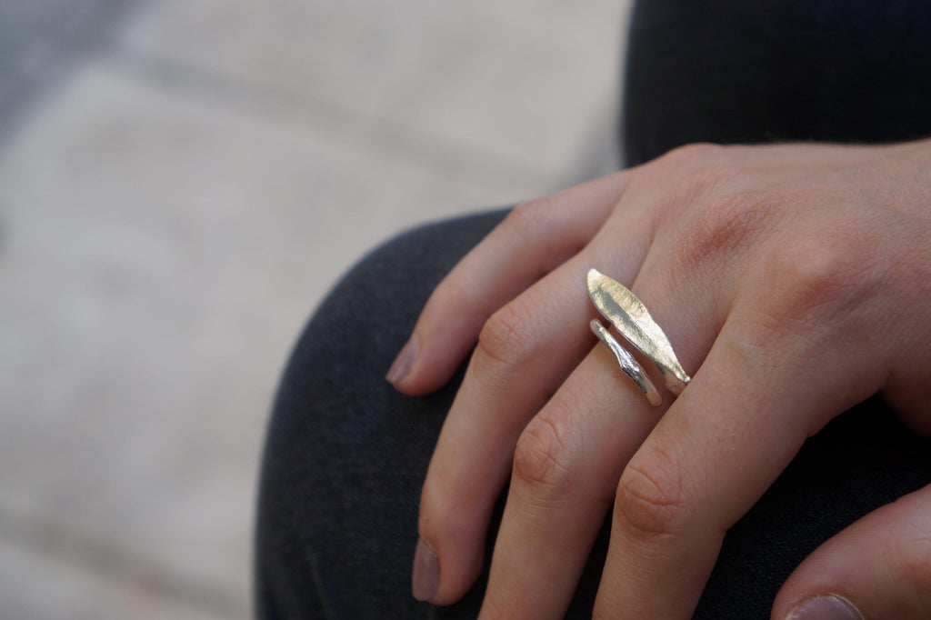 Olive Leaf Ring: Nature Inspired, Adjustable - Recycled Brass Jewelry