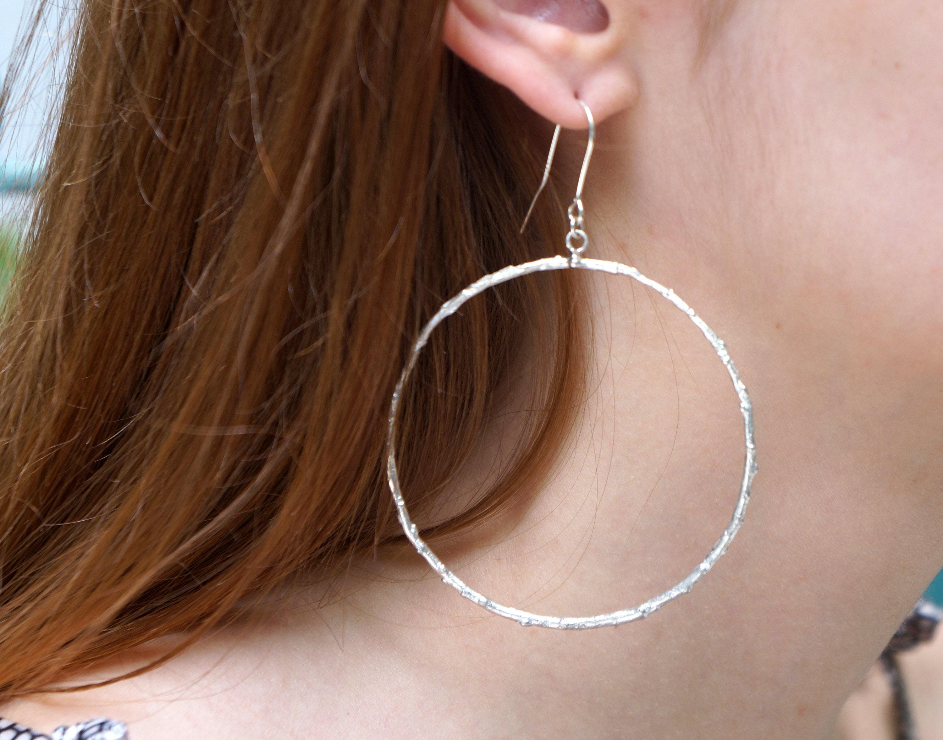 Statement Hoop Earrings: Olive Leaf Motif (Silver, Large)