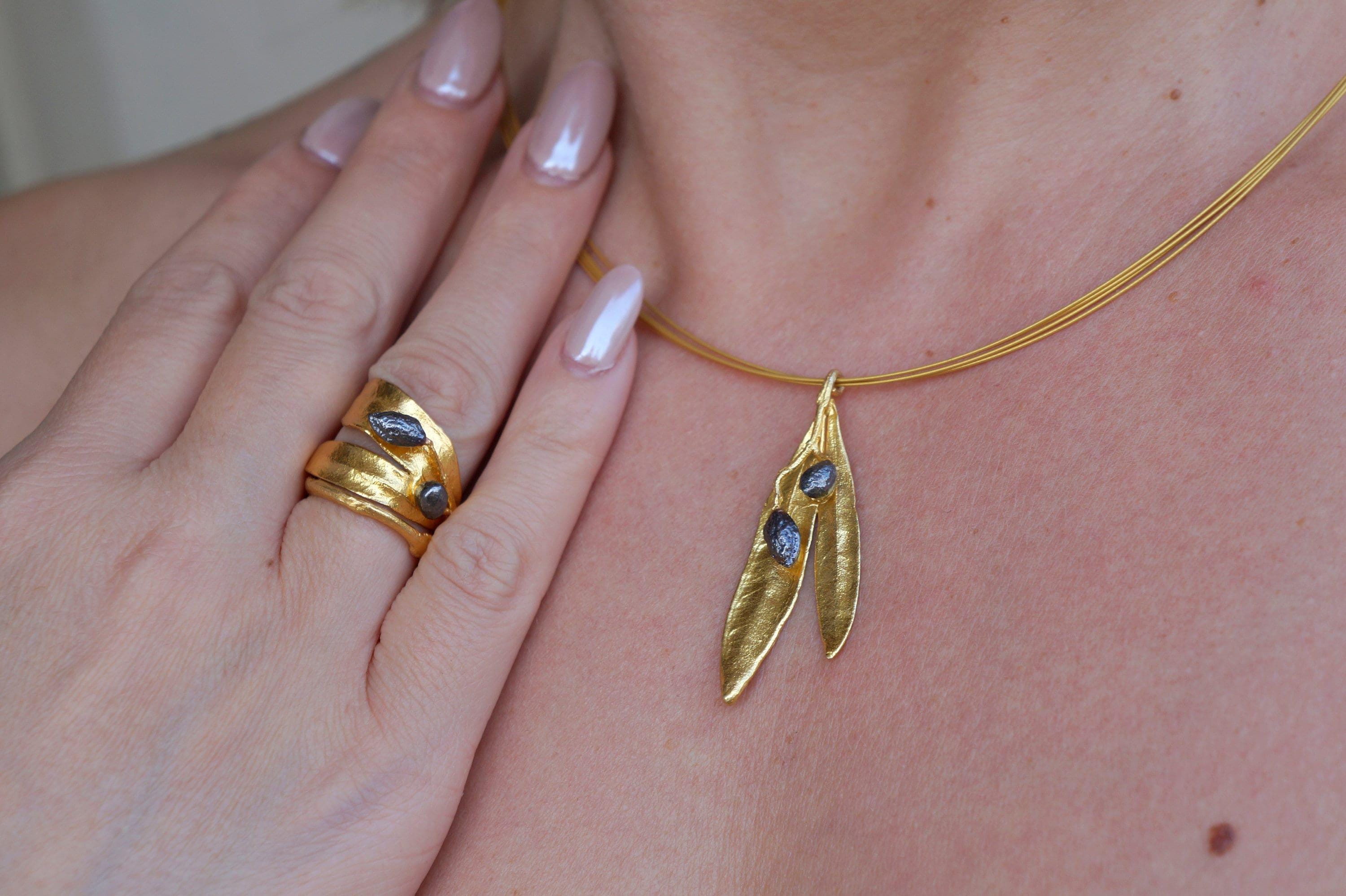 Botanical Olive Leaf Necklace, Gold-Plated Brass & Black Rhodium (Adjustable Chain)