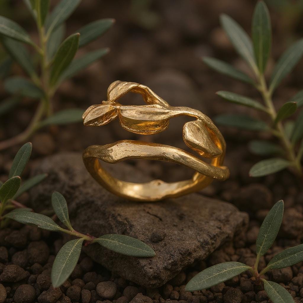 Gold Olive Branch Ring, 14K Gold-Plated Brass Jewelry, Gold Band (Adjustable), Birthday Gift, Gift for Her, Jewelry for Women, Handmade